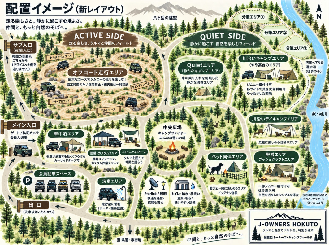 J-OWNERS HOKUTO 配置イメージ図（縮尺なし）。左がACTIVE SIDE、右がQUIET SIDE。メイン入口にゲート・防犯カメラ・会員入退場、夜間到着用のサブ入口、洗車後に出る出口を分けて配置。ACTIVE SIDEにはヒルクライム・ウィンディング・トライアル・マルチの各コースを備えたオフロード走行エリア、車中泊エリア、整備・カスタムエリア、コミュニティスペース、会員駐車スペース、洗車エリア。QUIET SIDEには車の乗り入れを制限したQuietエリア、やや高台の川沿いキャンプエリア、川沿いデイキャンプエリア、野営・ブッシュクラフトエリア、ドッグラン併設のペット同伴エリア。中央にキャンプファイヤーの中央広場、Starlinkと照明、トイレ・給水・手洗い。北には八ヶ岳の眺望、東側に沢・河川と河原へ下りる徒歩専用の遊歩道。