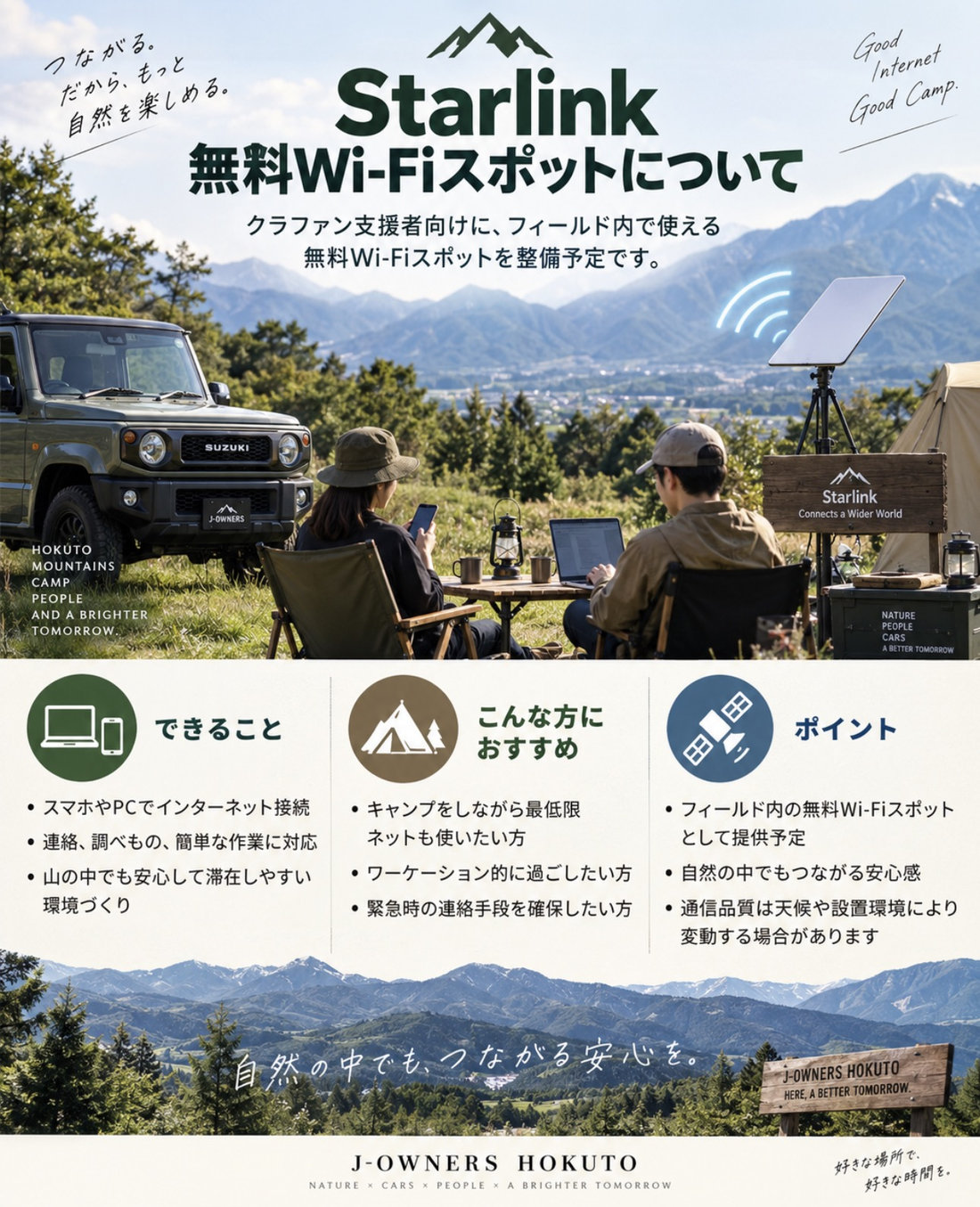 Starlink 無料Wi-Fiスポットについての案内図。できること（スマホやPCでインターネット接続、連絡・調べもの・簡単な作業、山の中でも安心して滞在しやすい環境づくり）、こんな方におすすめ（キャンプをしながら最低限ネットも使いたい方、ワーケーション的に過ごしたい方、緊急時の連絡手段を確保したい方）、ポイント（フィールド内の無料Wi-Fiスポットとして提供予定、自然の中でもつながる安心感、通信品質は天候や設置環境により変動する場合があります）